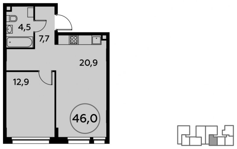 1-комнатная квартира без отделки, 46 м2, 2 этаж, сдача 1 квартал 2022 г., ЖК Скандинавия, корпус 7.1 - объявление 1169578 - фото №1