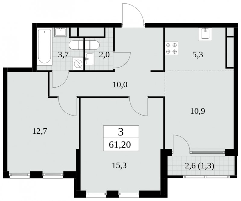 3-комнатная квартира (евро) без отделки, 61.2 м2, 22 этаж, сдача 2 квартал 2025 г., ЖК Южные сады, корпус 2.4 - объявление 1760504 - фото №1