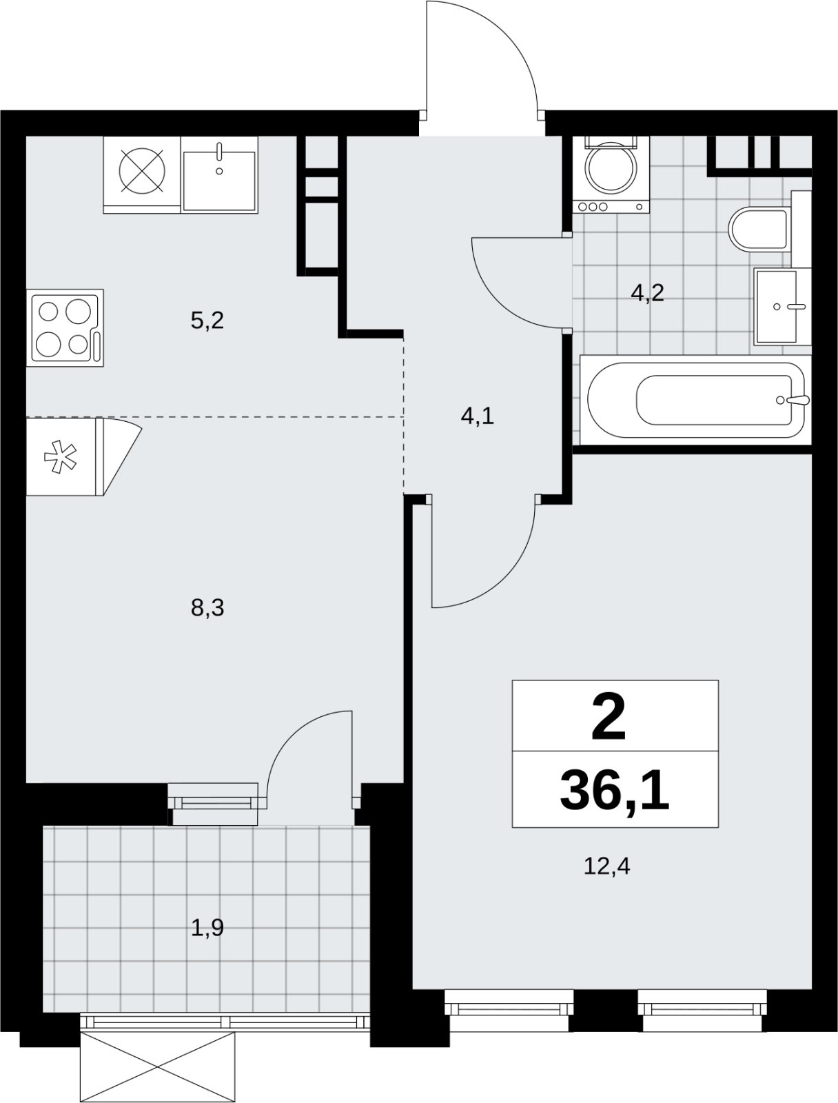 2-комнатная квартира (евро) без отделки, 36.1 м2, 19 этаж, сдача 4 квартал 2026 г., ЖК Скандинавия, корпус 2.18.1.3 - объявление 2350918 - фото №1