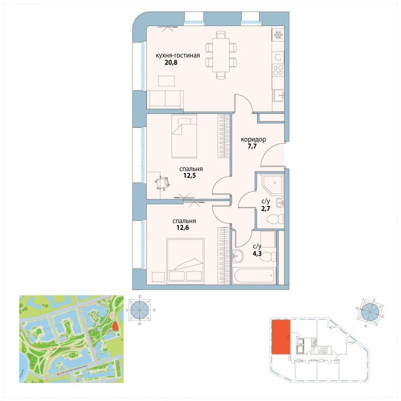 2-комнатная квартира без отделки, 60.6 м2, 11 этаж, сдача 2 квартал 2023 г., ЖК Символ, корпус 22 (квартал "Искренность") - объявление 1799680 - фото №1