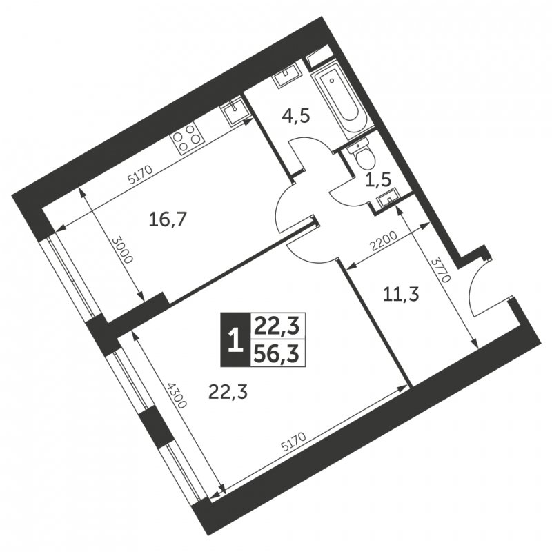1-комнатная квартира с частичной отделкой, 56.3 м2, 17 этаж, сдача 4 квартал 2023 г., ЖК Архитектор, корпус 3 - объявление 1584224 - фото №1