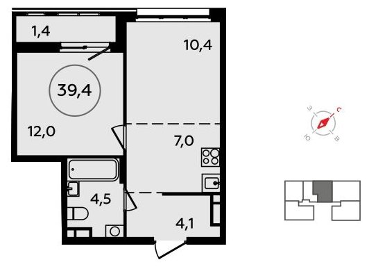 2-комнатная квартира (евро) без отделки, 39.4 м2, 13 этаж, сдача 4 квартал 2023 г., ЖК Скандинавия, корпус 2.15 - объявление 1517201 - фото №1