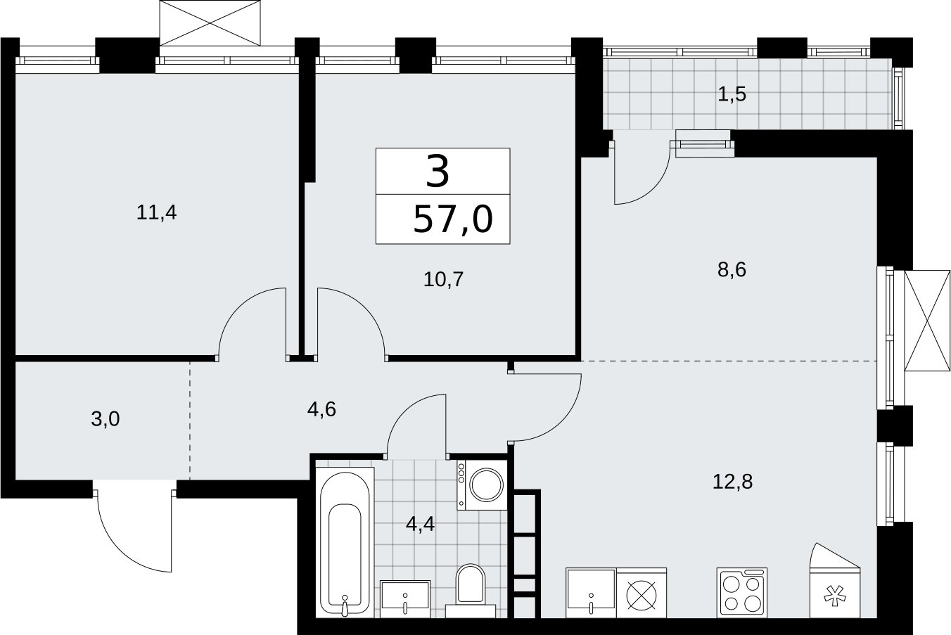 3-комнатная квартира (евро) с частичной отделкой, 57 м2, 7 этаж, сдача 2 квартал 2026 г., ЖК Бунинские кварталы, корпус 5.1 - объявление 2297292 - фото №1