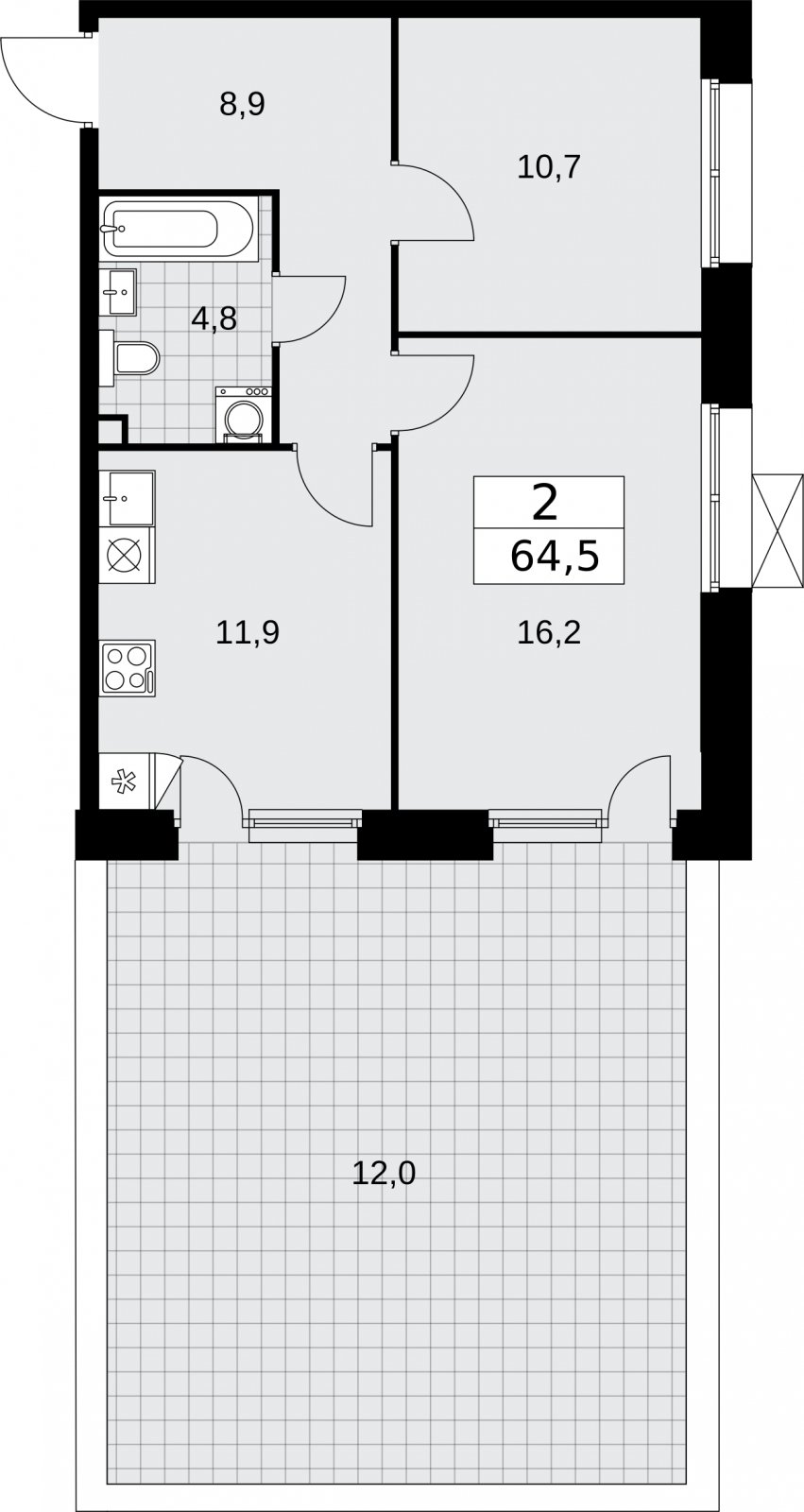 2-комнатная квартира без отделки, 64.5 м2, 2 этаж, сдача 4 квартал 2025 г., ЖК Бунинские кварталы, корпус 6.4 - объявление 2334156 - фото №1