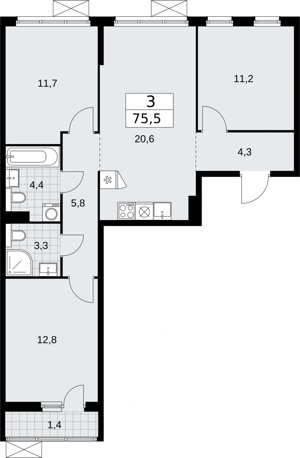 3-комнатная квартира без отделки, 75.5 м2, 5 этаж, сдача 2 квартал 2026 г., ЖК Бунинские кварталы, корпус 7.3 - объявление 2313997 - фото №1