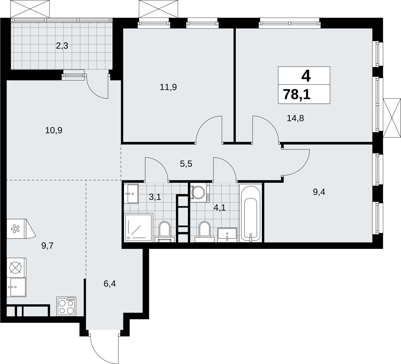 4-комнатная квартира (евро) без отделки, 78.1 м2, 10 этаж, сдача 4 квартал 2026 г., ЖК Скандинавия, корпус 2.18.1.2 - объявление 2350700 - фото №1