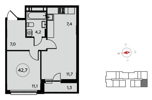2-комнатная квартира (евро) без отделки, 42.7 м2, 15 этаж, сдача 4 квартал 2022 г., ЖК Белые ночи, корпус 3.2 - объявление 1409085 - фото №1