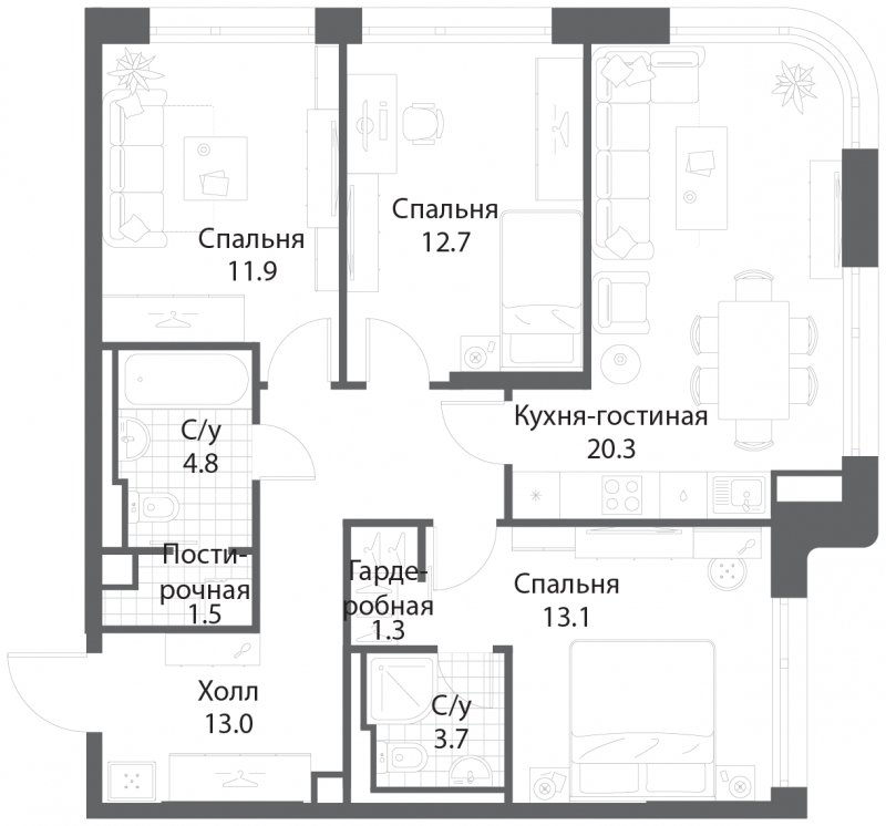 3-комнатная квартира без отделки, 82.3 м2, 19 этаж, сдача 3 квартал 2025 г., ЖК Nagatino i-Land, корпус 2 (3 очередь) - объявление 1786828 - фото №1