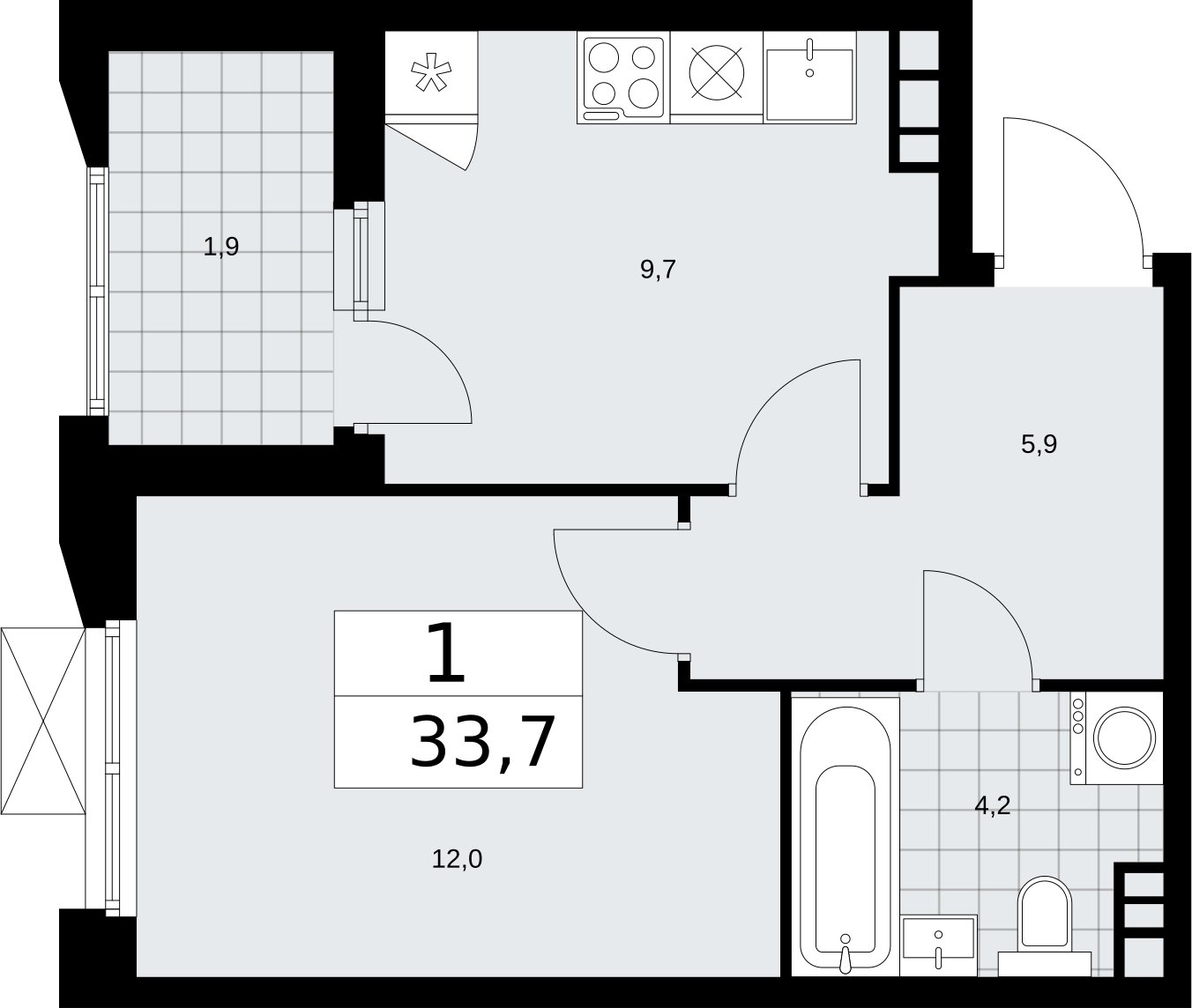 1-комнатная квартира без отделки, 33.7 м2, 11 этаж, сдача 2 квартал 2026 г., ЖК Бунинские кварталы, корпус 5.2 - объявление 2297385 - фото №1