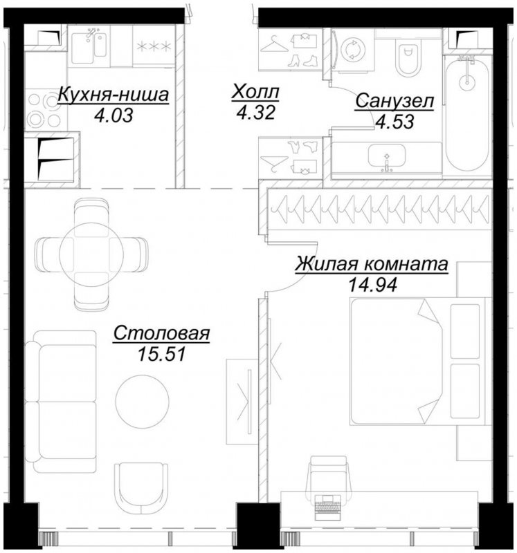 1-комнатная квартира с частичной отделкой, 43.22 м2, 22 этаж, сдача 4 квартал 2024 г., ЖК MOD, корпус Mod.D - объявление 1788219 - фото №1