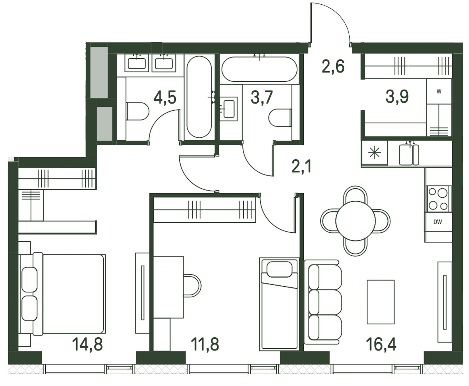 2-комнатная квартира с частичной отделкой, 59.8 м2, 20 этаж, сдача 1 квартал 2027 г., ЖК Moments, корпус 2.1 - объявление 2275135 - фото №1