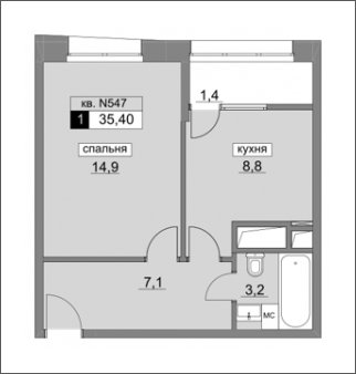1-комнатная квартира без отделки, 35.4 м2, 14 этаж, сдача 4 квартал 2022 г., ЖК Румянцево-Парк, корпус 3 - объявление 1616632 - фото №1