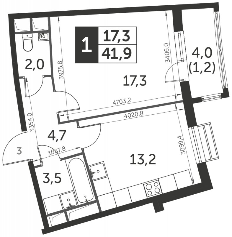 1-комнатная квартира с полной отделкой, 41.9 м2, 3 этаж, сдача 3 квартал 2023 г., ЖК UP-квартал Римский, корпус 7 - объявление 1331385 - фото №1