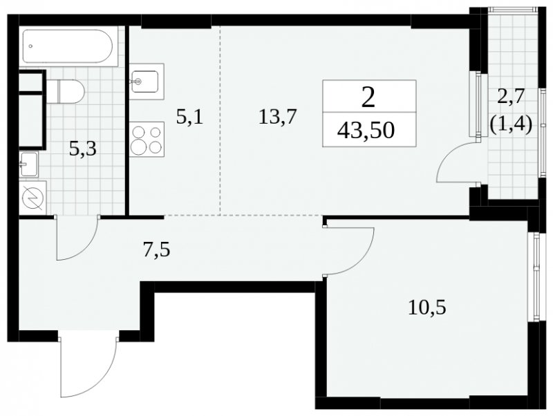 2-комнатная квартира (евро) без отделки, 43.5 м2, 3 этаж, сдача 2 квартал 2025 г., ЖК Южные сады, корпус 2.3 - объявление 1758122 - фото №1