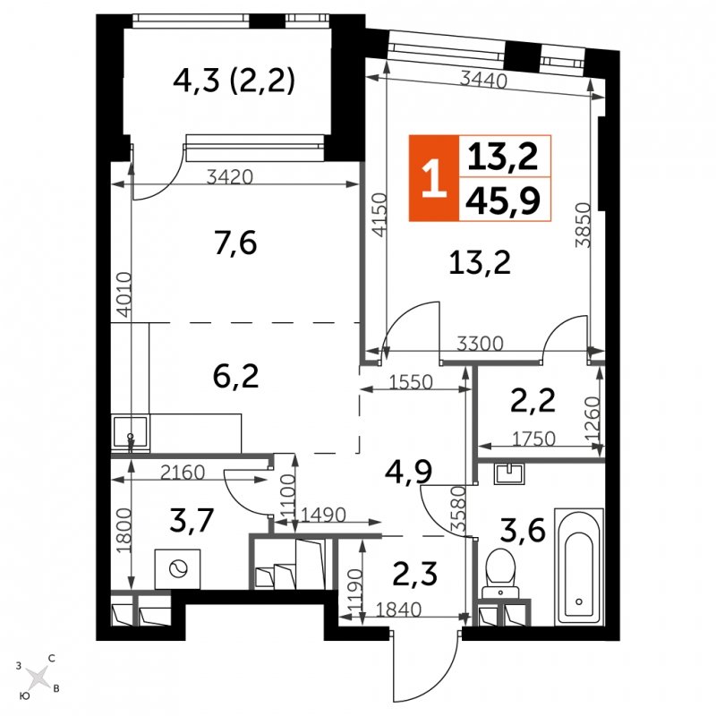1-комнатная квартира с частичной отделкой, 45.9 м2, 19 этаж, сдача 4 квартал 2024 г., ЖК ROTTERDAM, корпус 2.1 - объявление 1954414 - фото №1