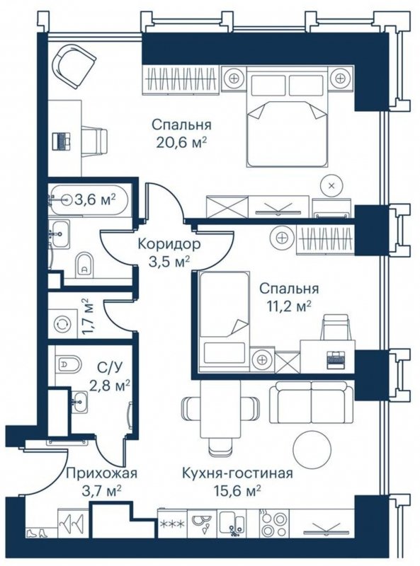 2-комнатная квартира с частичной отделкой, 62.97 м2, 12 этаж, сдача 2 квартал 2024 г., ЖК City Bay, корпус Indian Ocean 6 - объявление 1671502 - фото №1