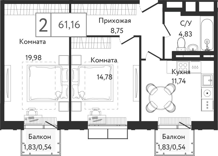 2-комнатная квартира без отделки, 61.16 м2, 4 этаж, сдача 3 квартал 2023 г., ЖК Dream Towers, корпус 3 - объявление 2261208 - фото №1