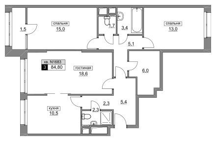 3-комнатная квартира без отделки, 84.8 м2, 4 этаж, сдача 4 квартал 2022 г., ЖК Румянцево-Парк, корпус 3 - объявление 1187739 - фото №1