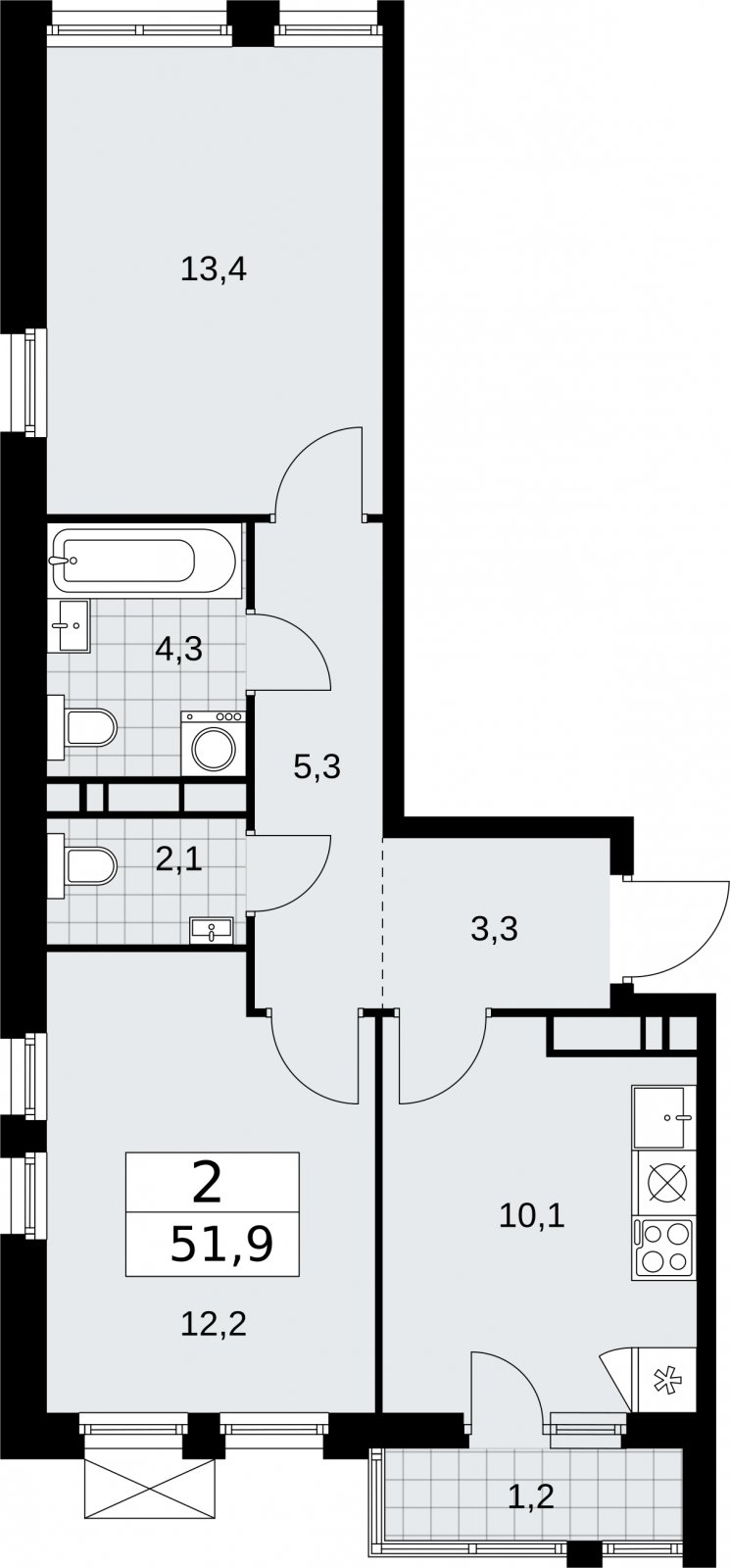 2-комнатная квартира с частичной отделкой, 51.9 м2, 13 этаж, сдача 2 квартал 2026 г., ЖК Бунинские кварталы, корпус 5.1 - объявление 2296958 - фото №1