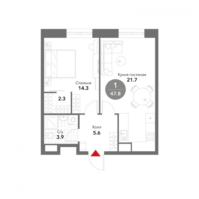 1-комнатные апартаменты без отделки, 47.8 м2, 14 этаж, сдача 3 квартал 2025 г., ЖК VOXHALL, корпус 4 - объявление 1793729 - фото №1