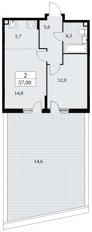 2-комнатная квартира (евро) без отделки, 57 м2, 2 этаж, сдача 4 квартал 2024 г., ЖК Скандинавия, корпус 35.2.1 - объявление 1840887 - фото №1