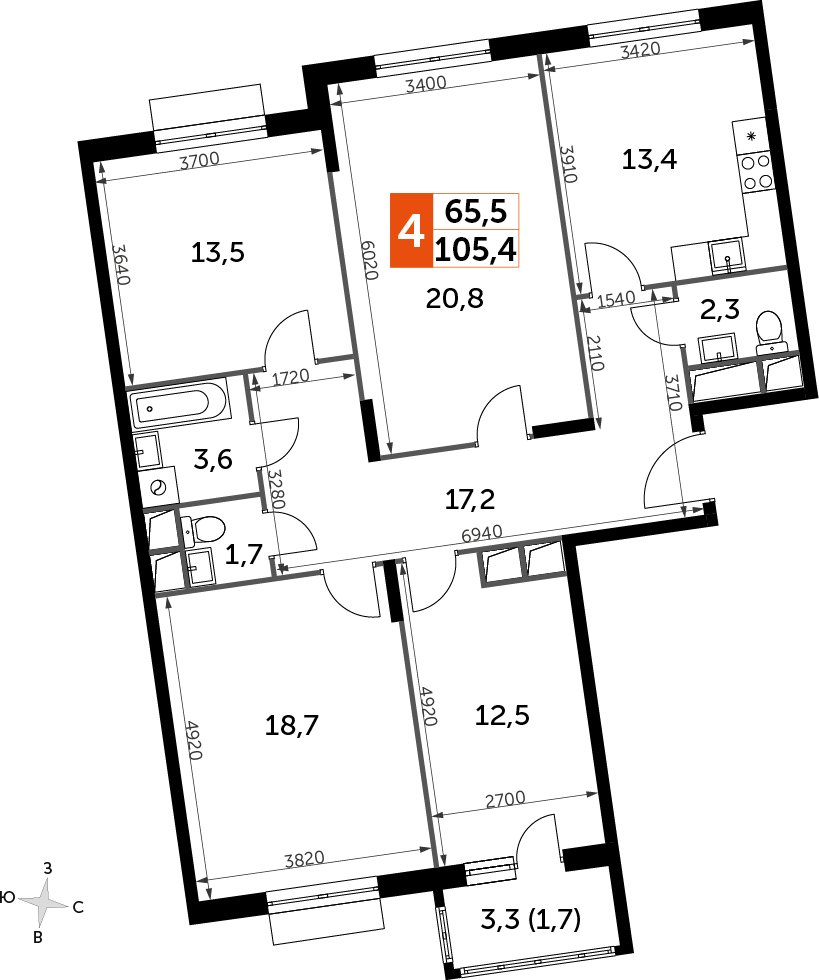 4-комнатная квартира без отделки, 105.3 м2, 11 этаж, дом сдан, ЖК UP-квартал Римский, корпус 7 - объявление 2353955 - фото №1