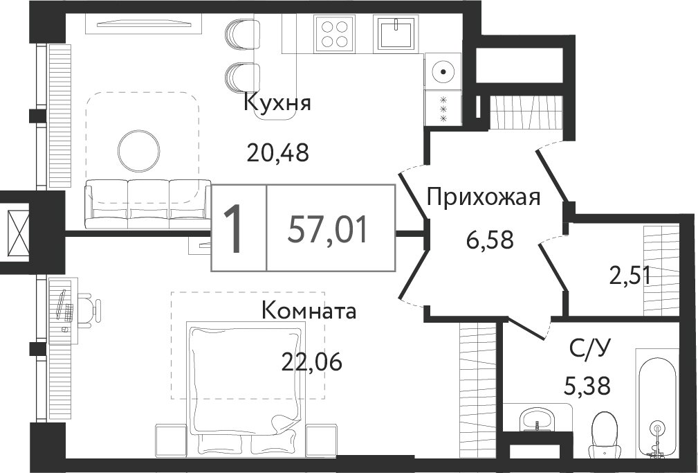 1-комнатная квартира без отделки, 57.01 м2, 7 этаж, сдача 3 квартал 2023 г., ЖК Dream Towers, корпус 2 - объявление 2261187 - фото №1