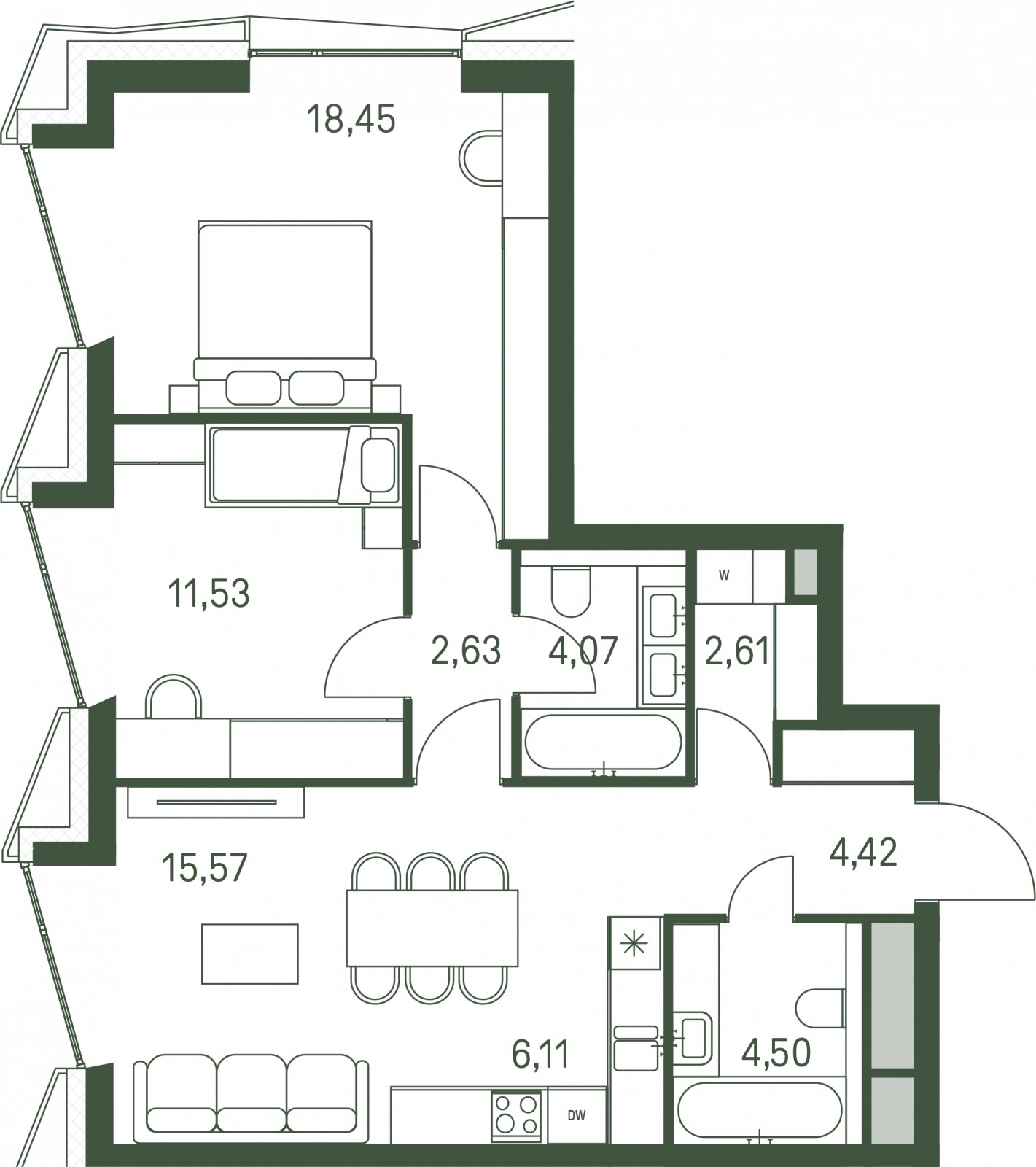 2-комнатная квартира с частичной отделкой, 69.89 м2, 30 этаж, сдача 3 квартал 2025 г., ЖК Moments, корпус 1 - объявление 2240152 - фото №1