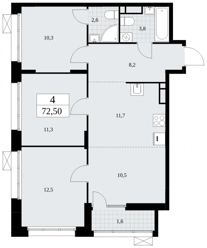 4-комнатная квартира (евро) с частичной отделкой, 72.5 м2, 15 этаж, сдача 4 квартал 2024 г., ЖК Бунинские кварталы, корпус 1.1 - объявление 1834276 - фото №1