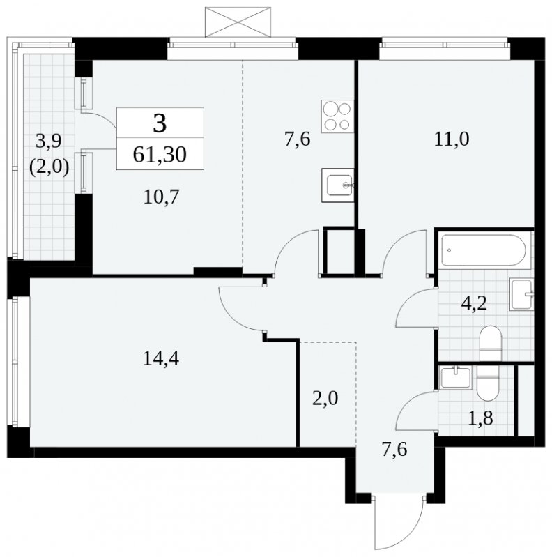 3-комнатная квартира (евро) с частичной отделкой, 61.3 м2, 8 этаж, сдача 3 квартал 2024 г., ЖК Прокшино, корпус 6.6 - объявление 1663485 - фото №1