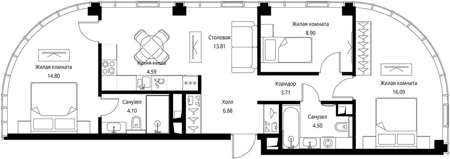 3-комнатная квартира с частичной отделкой, 77.37 м2, 29 этаж, сдача 3 квартал 2026 г., ЖК City Bay, корпус North Ocean 8 - объявление 2240621 - фото №1