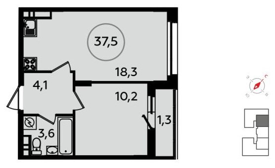 1-комнатная квартира без отделки, 37.5 м2, 13 этаж, дом сдан, ЖК Скандинавия, корпус 13.1 - объявление 1412174 - фото №1