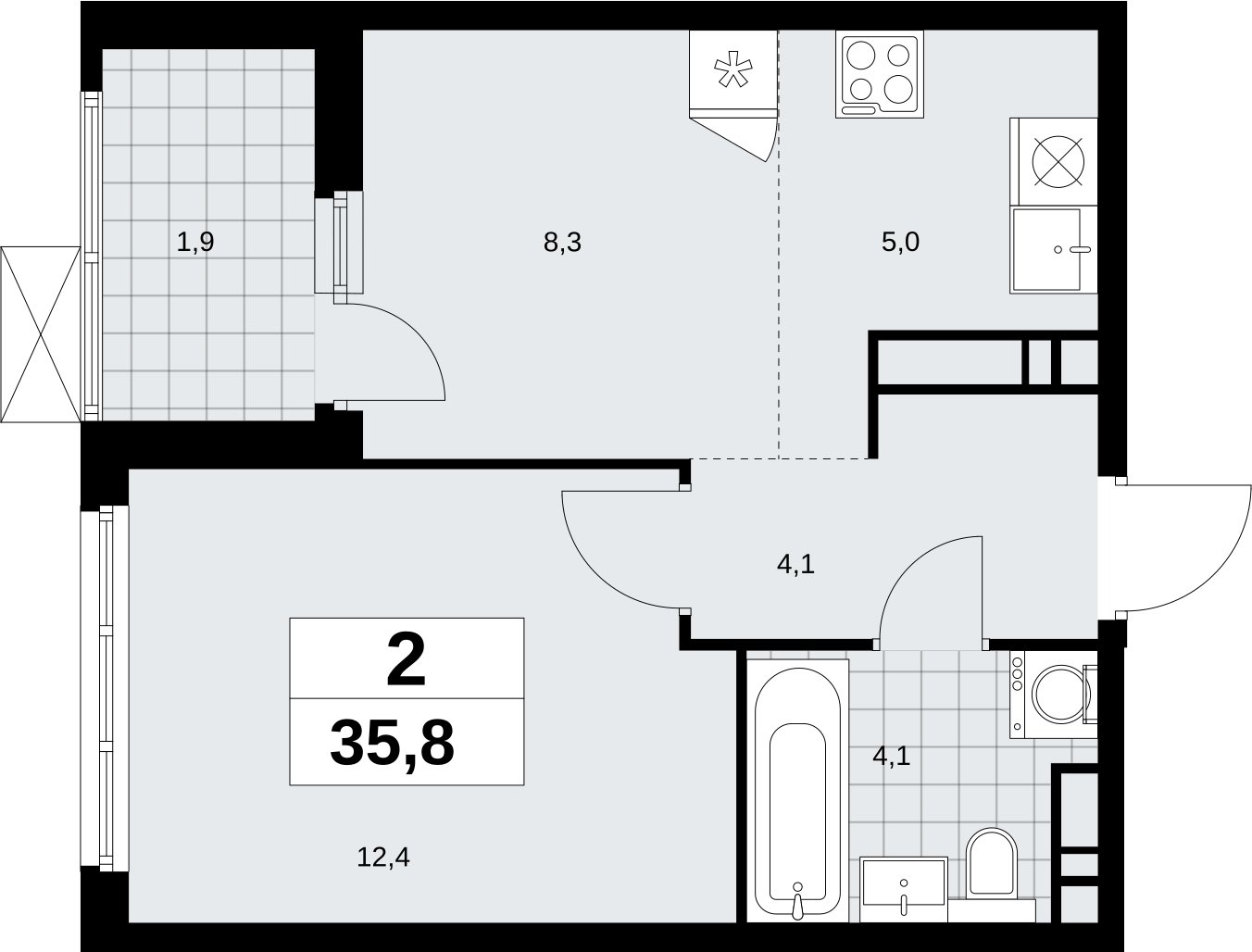 2-комнатная квартира (евро) без отделки, 35.8 м2, 14 этаж, сдача 4 квартал 2026 г., ЖК Скандинавия, корпус 2.18.1.2 - объявление 2350738 - фото №1