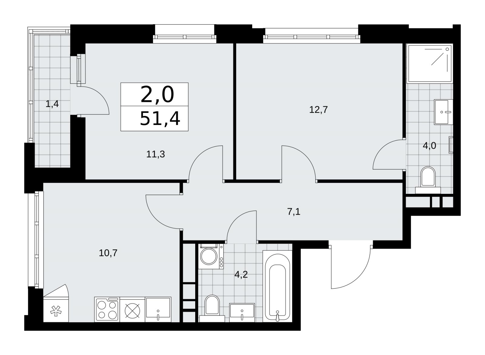 2-комнатная квартира без отделки, 51.4 м2, 10 этаж, сдача 1 квартал 2026 г., ЖК Дзен-кварталы, корпус 3.2 - объявление 2241250 - фото №1