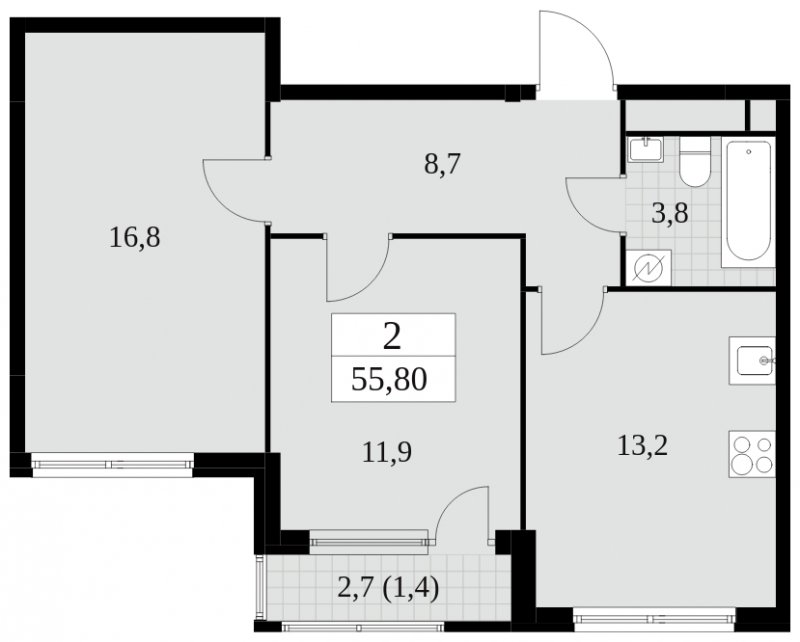 2-комнатная квартира без отделки, 55.8 м2, 26 этаж, сдача 2 квартал 2025 г., ЖК Южные сады, корпус 2.3 - объявление 1758271 - фото №1