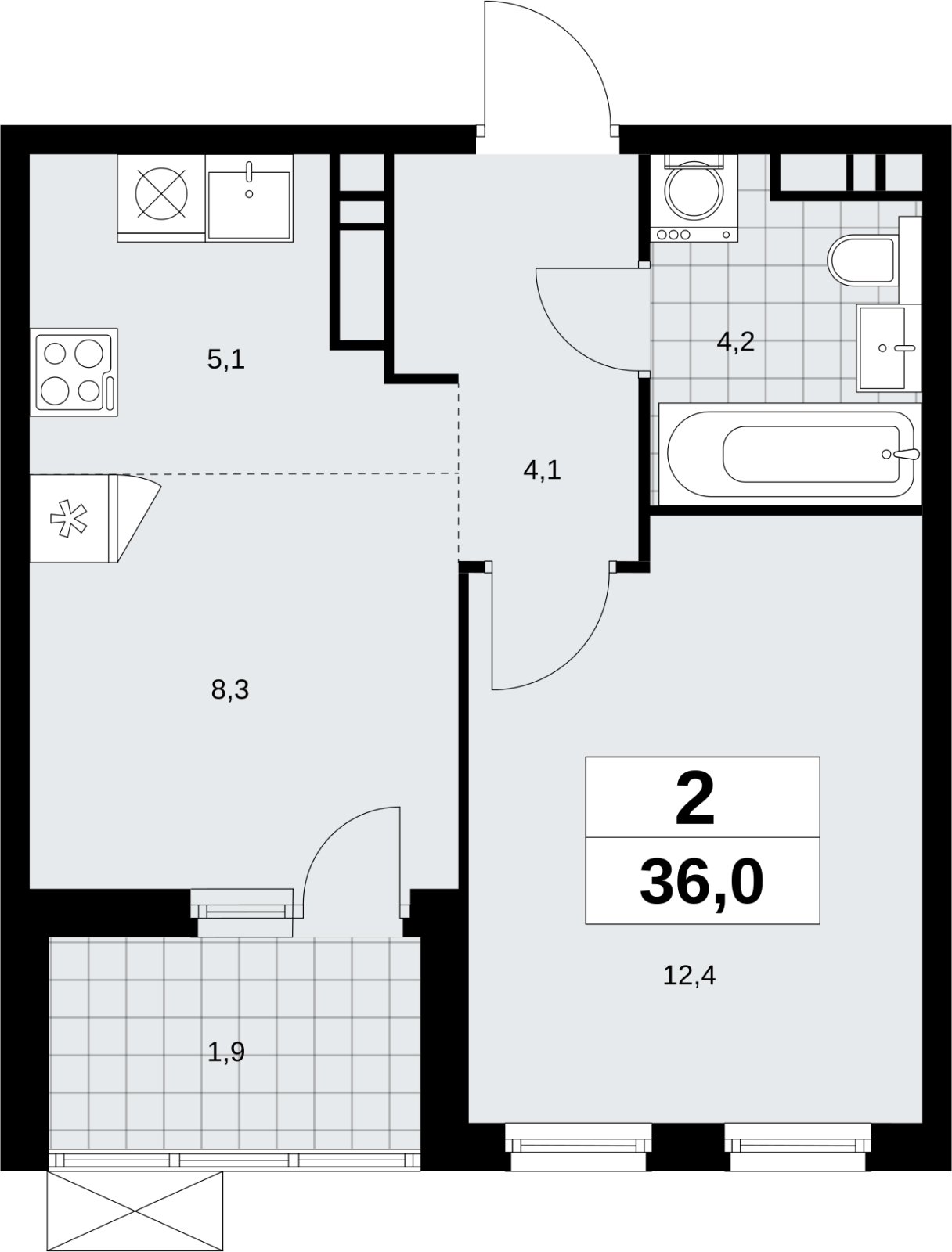 2-комнатная квартира (евро) без отделки, 36 м2, 11 этаж, сдача 4 квартал 2026 г., ЖК Скандинавия, корпус 2.18.1.4 - объявление 2351018 - фото №1