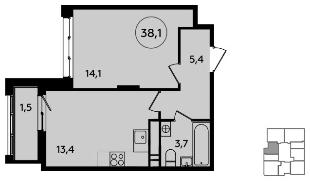 1-комнатная квартира без отделки, 38.1 м2, 10 этаж, сдача 4 квартал 2023 г., ЖК Скандинавия, корпус 2.23.7 - объявление 1528012 - фото №1