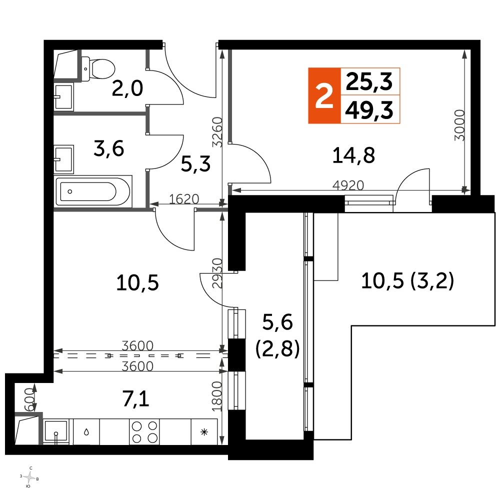 2-комнатная квартира с частичной отделкой, 49.3 м2, 2 этаж, дом сдан, ЖК UP-квартал Римский, корпус 7 - объявление 2318774 - фото №1