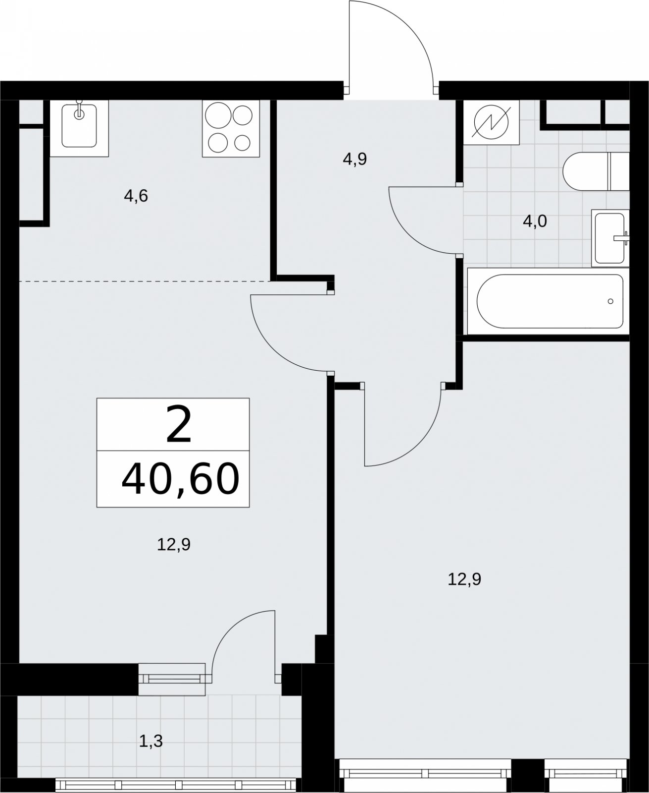 2-комнатная квартира (евро) с полной отделкой, 40.6 м2, 4 этаж, сдача 4 квартал 2026 г., ЖК Родные кварталы, корпус 1.2 - объявление 2317767 - фото №1