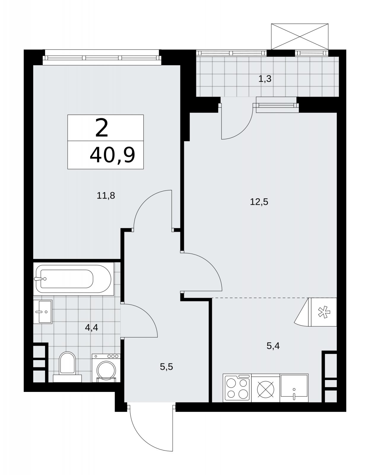 2-комнатная квартира (евро) без отделки, 40.9 м2, 7 этаж, сдача 1 квартал 2026 г., ЖК Прокшино, корпус 11.2.1 - объявление 2269861 - фото №1