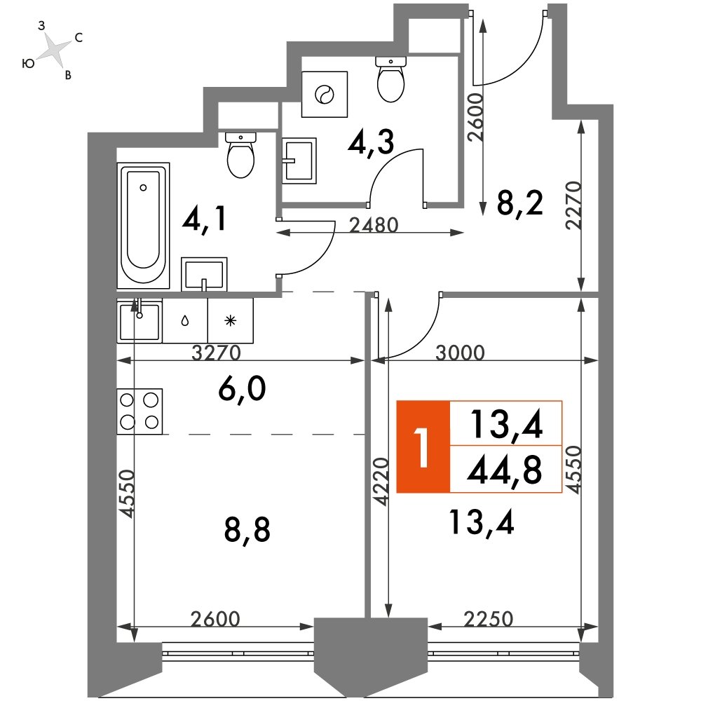 1-комнатная квартира с частичной отделкой, 44.8 м2, 24 этаж, сдача 4 квартал 2023 г., ЖК Архитектор, корпус 3 - объявление 2309797 - фото №1