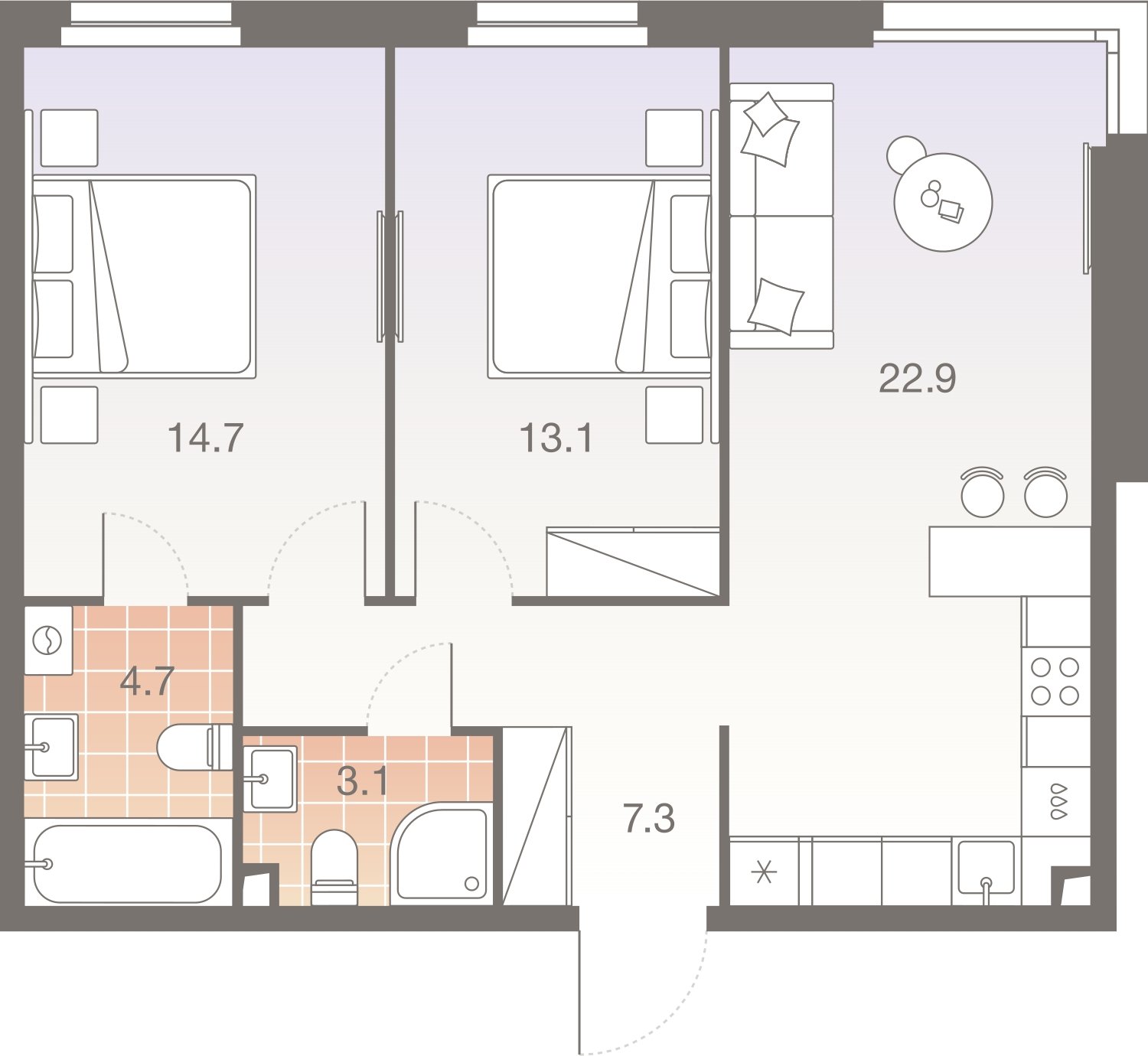 3-комнатная квартира без отделки, 65.8 м2, 22 этаж, сдача 1 квартал 2026 г., ЖК Twelve, корпус 2 - объявление 2372473 - фото №1