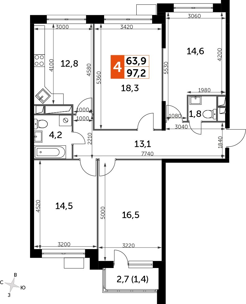 4-комнатная квартира без отделки, 97.1 м2, 17 этаж, дом сдан, ЖК Датский квартал, корпус 2 - объявление 2335592 - фото №1