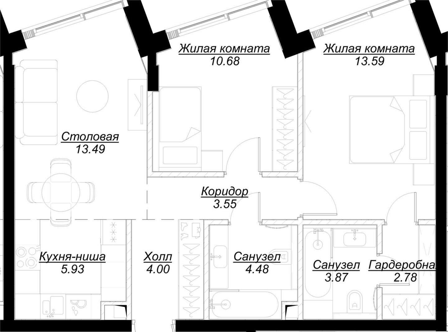 2-комнатная квартира с частичной отделкой, 62.37 м2, 5 этаж, сдача 4 квартал 2024 г., ЖК MOD, корпус Stein - объявление 2191540 - фото №1