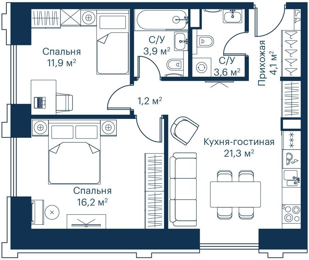 2-комнатная квартира с частичной отделкой, 62.22 м2, 2 этаж, сдача 2 квартал 2024 г., ЖК City Bay, корпус Indian Ocean 6 - объявление 2282799 - фото №1