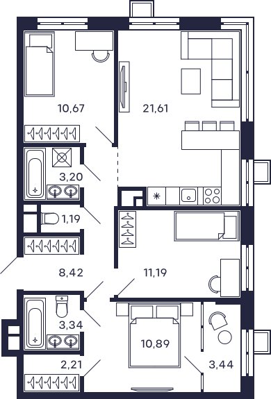 3-комнатная квартира с частичной отделкой, 74.03 м2, 19 этаж, сдача 2 квартал 2025 г., ЖК Квартал Тетрис, корпус "Квартал Тетрис 2.2" - объявление 2354596 - фото №1