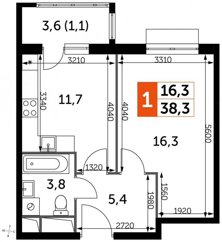 1-комнатная квартира с полной отделкой, 38.3 м2, 13 этаж, сдача 3 квартал 2023 г., ЖК UP-квартал Римский, корпус 7 - объявление 1849949 - фото №1