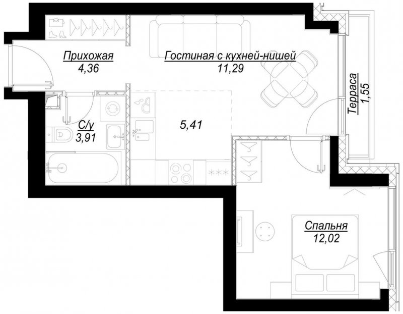 1-комнатная квартира с частичной отделкой, 37.5 м2, 7 этаж, сдача 1 квартал 2023 г., ЖК Hide, корпус RiverSide - объявление 1707036 - фото №1