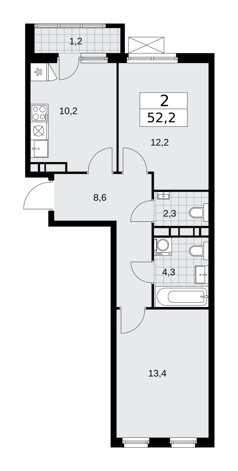 2-комнатная квартира без отделки, 52.2 м2, 10 этаж, сдача 4 квартал 2025 г., ЖК Прокшино, корпус 11.1.4 - объявление 2257545 - фото №1