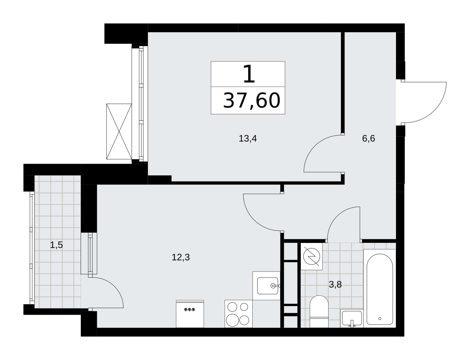 1-комнатная квартира без отделки, 37.6 м2, 13 этаж, сдача 3 квартал 2025 г., ЖК Скандинавия, корпус 28.2 - объявление 2202411 - фото №1